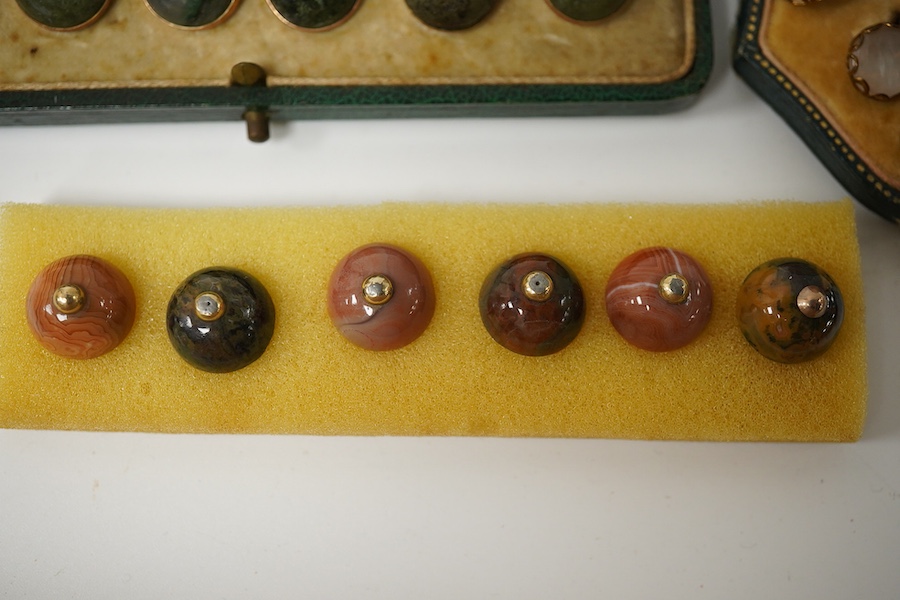 Two sets of 6 Edwardian agate dress studs, three enamelled dress studs, a set of 10 small mother of pearl buttons and three mother of pearl studs. Condition - one gold metal centre to green agate boxed set missing